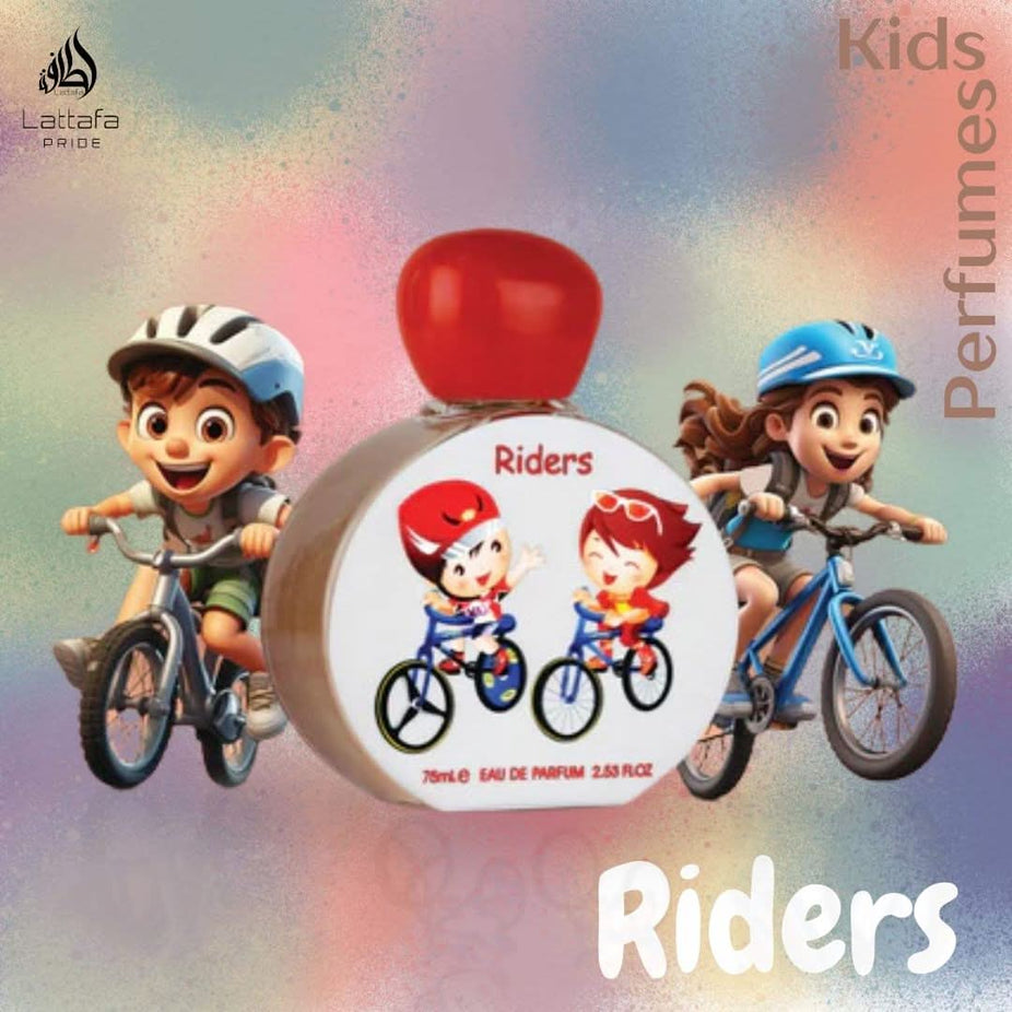 Lattafa Pride Riders for Kids Eau de Parfum spray bottle, 75ml, with colorful packaging and playful design.