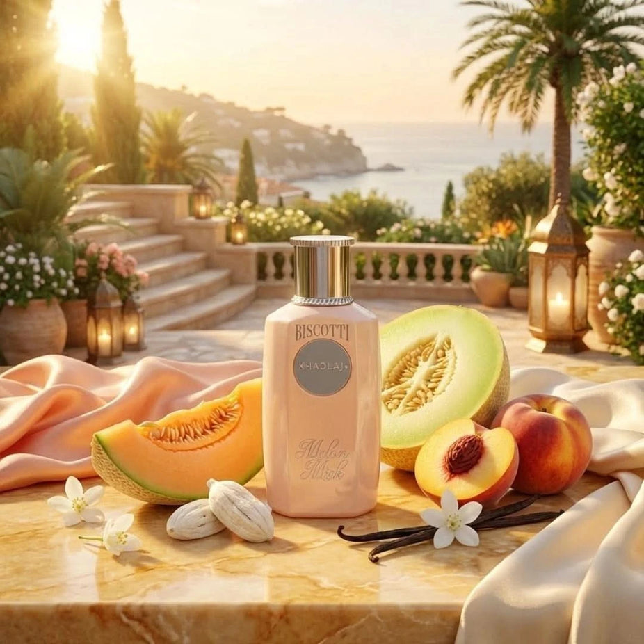 Khadlaj Biscotti Melon Misk Eau de Parfum spray 100ml bottle with elegant packaging and floral and melon fragrance notes