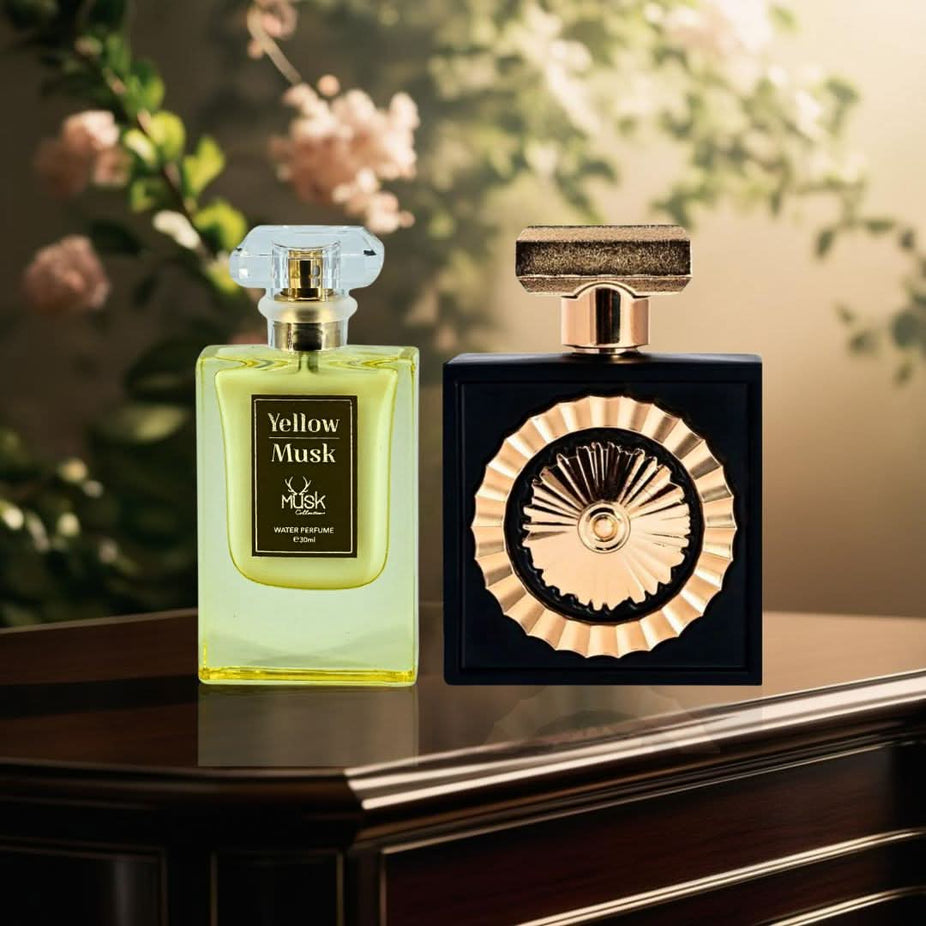 Bundle of Intense Oud Nebras Eau de Parfum spray and Yellow Musk water perfume by Hamidi, shown in their bottles.