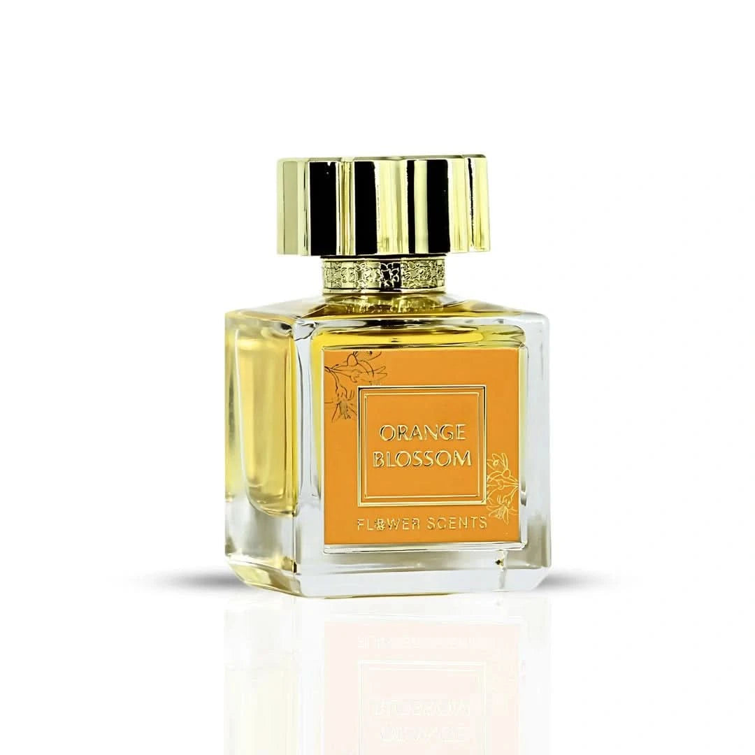 Flower Scents Orange Blossom Eau de Parfum spray in 65ml bottle, shown with velvet pouch, featuring vibrant orange blossom flowers.