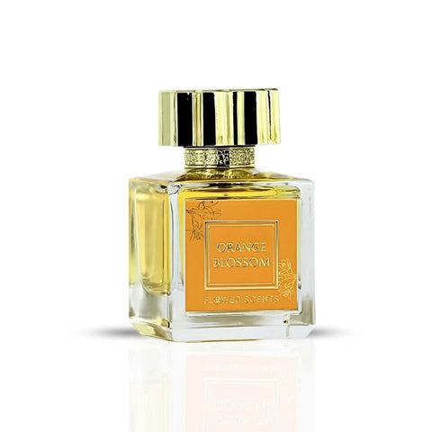 Flower Scents Orange Blossom Eau de Parfum spray in 65ml bottle, shown with velvet pouch, featuring vibrant orange blossom flowers.