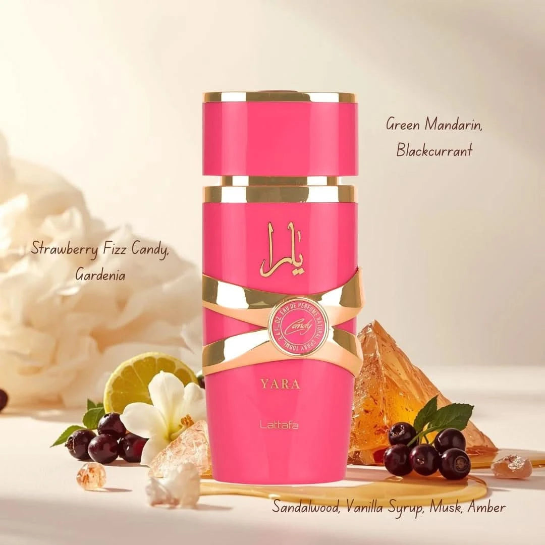 Yara Candy Eau de Parfum spray by Lattafa, 100ml, featuring a sleek bottle and velvet pouch for elegant packaging.