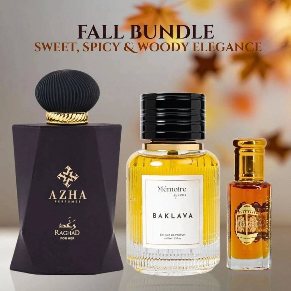 AZHA fall bundle with Raghad Eau de Parfum Spray, Baklava Extrait de Parfum, and Nouf Loose Oil by Intense Oud in 100ml and 12ml bottles