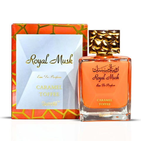 Bundle of three 100ml Eau de Parfum sprays including Pink Blush by Ard Al Zaafaran, Noble Blush by Lattafa, and Caramel Toffee by Surrati.