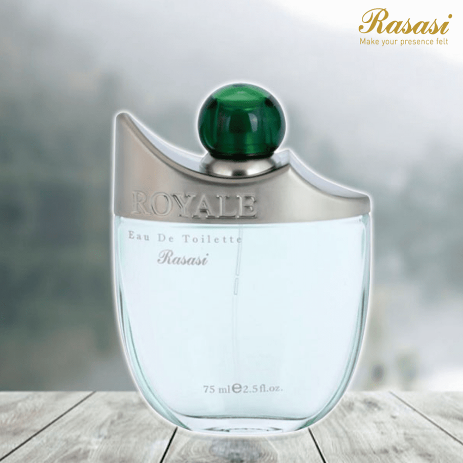 Rasasi Royale Spray for Men EDT, 75ml bottle with elegant cap and label, showcasing the men's fragrance packaging.