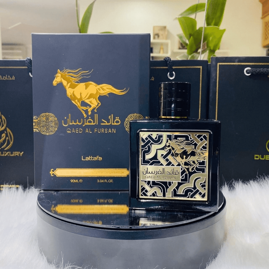 Qaed Al Fursan Eau de Parfum Spray by Lattafa, 90ml bottle, featuring sleek packaging and elegant fragrance design.