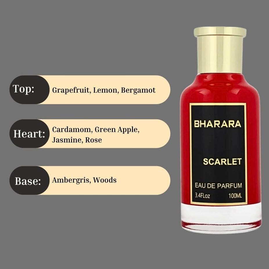 Bharara Scarlet Eau de Parfum spray bottle, 100ml, with elegant packaging and a sleek design by Bharara.