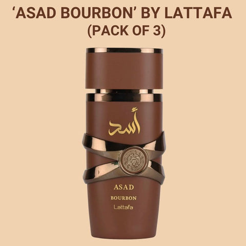 Lattafa Asad Bourbon Eau de Parfum spray 100ml bottles in a value pack, featuring sleek glass bottles with black caps