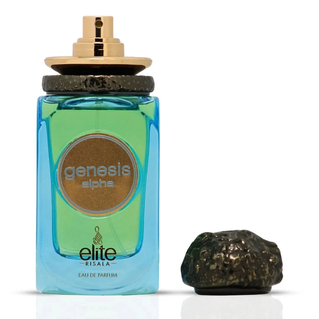 Elite Risala Genesis Alpha Eau de Parfum spray 100ml, showcasing the elegant perfume bottle with sleek design and branding.
