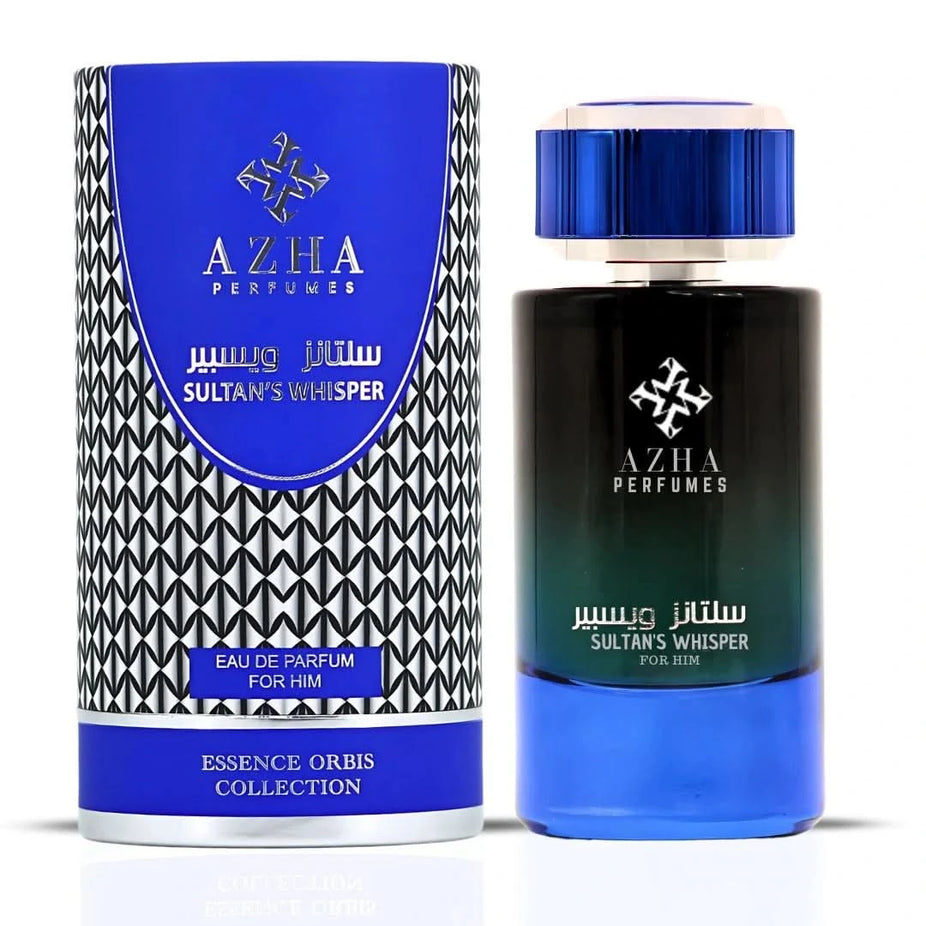 Azha Sultan's Whisper, Amber Eclipse, and Sarab for Him Eau de Parfum collection, 100ml bottles with elegant packaging.