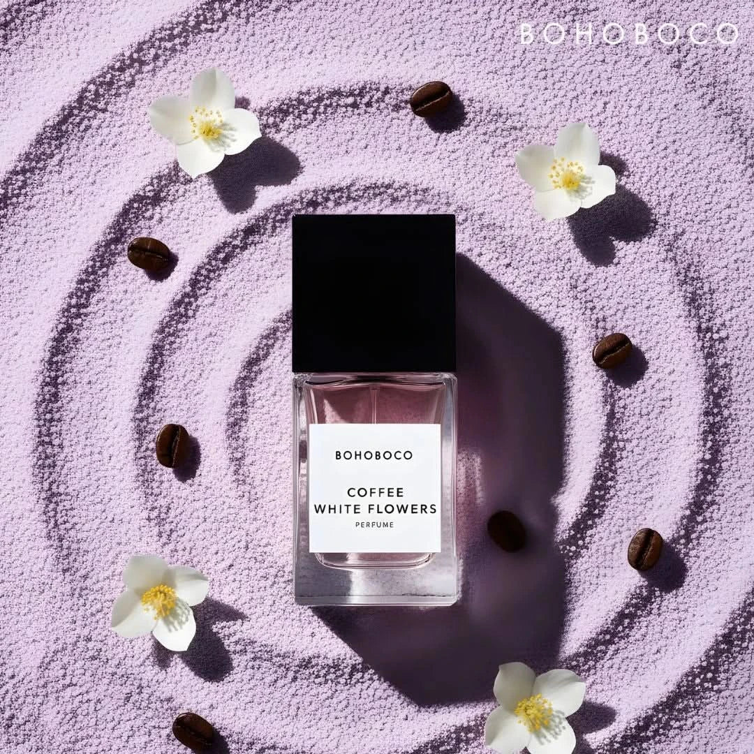 Bohoboco Coffee White Flowers Eau de Parfum spray 50ml with floral and coffee scent, elegant bottle on a neutral background.