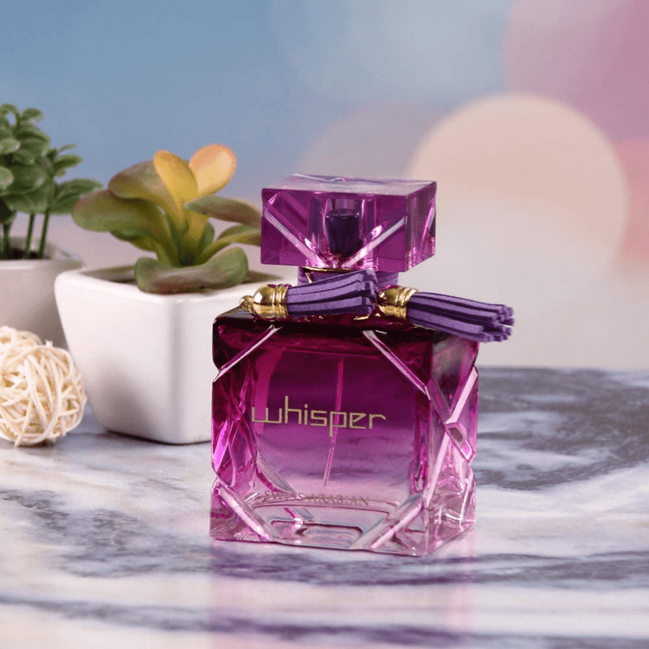 Swiss Arabian Whisper for Women Eau De Parfum 90ml bottle with elegant floral design and sleek packaging.