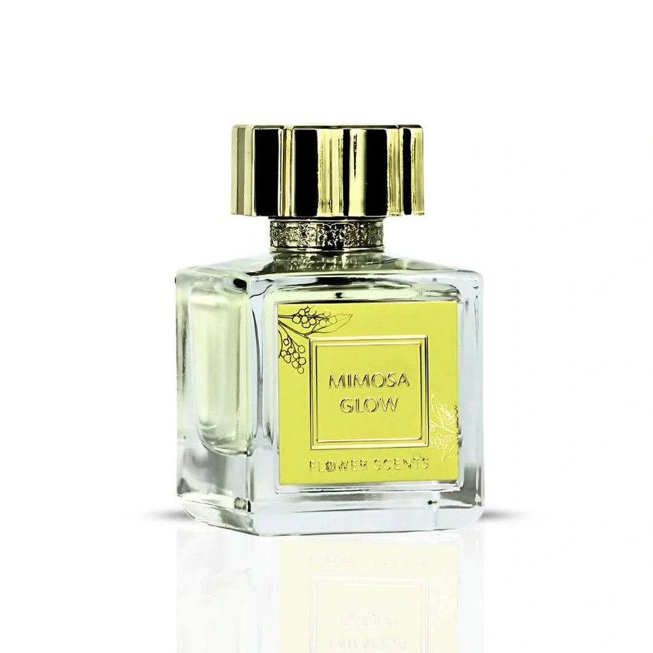Flower Scents Mimosa Glow Eau de Parfum spray 65ml showing the elegant perfume bottle with floral design and soft pastel colors.