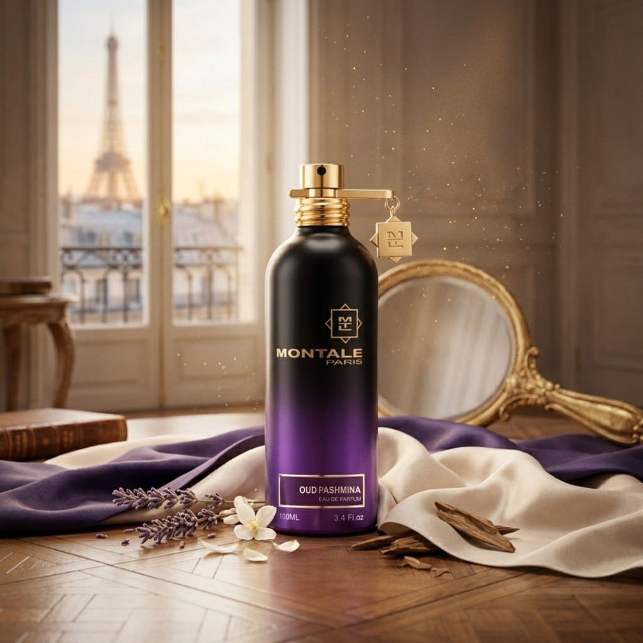 Montale Oud Pashmina Eau de Parfum spray bottle with elegant packaging, 100ml (3.4 oz), featuring a luxurious fragrance.