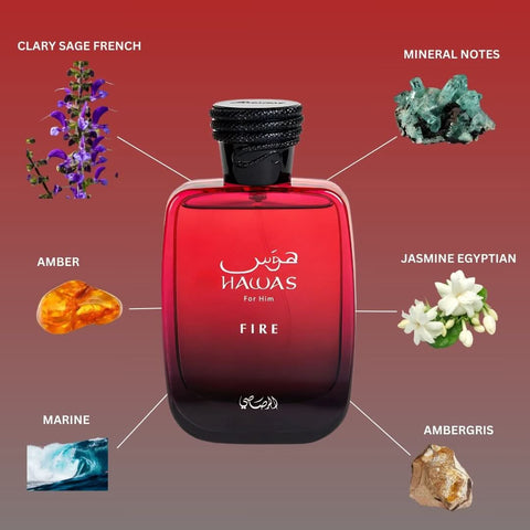 Rasasi Hawas Fire for Him Eau de Parfum spray 100ml in a sleek bottle, displayed with a velvet pouch.