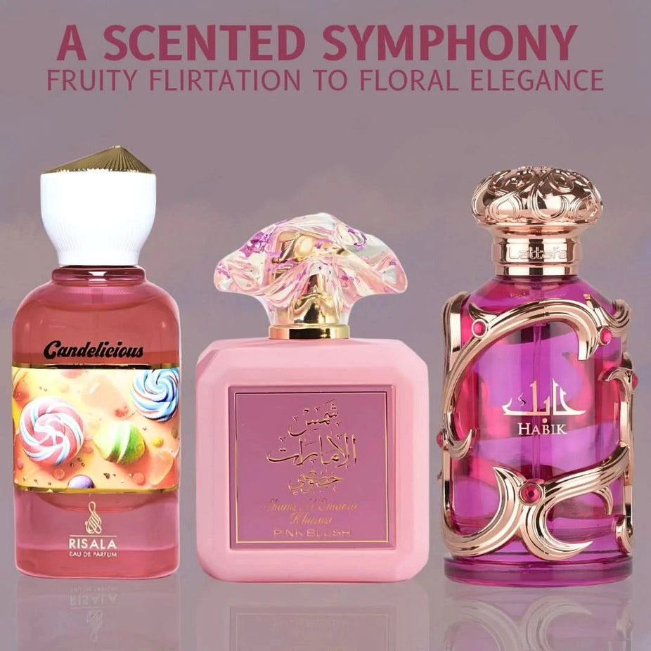 Bundle of three 100ml Eau de Parfum sprays featuring Pink Blush by Ard Al Zaafaran, Habik Women by Lattafa, and Candelicious by Risala.