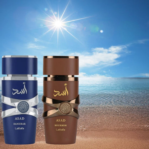 Lattafa Asad Zanzibar and Asad Bourbon Eau de Parfum sprays in a 100ml bundle, featuring sleek bottles with elegant design.
