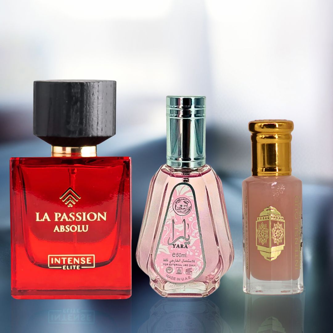 Yara EDP Spray 50ML (1.7 OZ), Pink Musk Perfume Oil 12ML (0.4 OZ), La Passion Absolu For Women EDP Spray 100 ML (3.4 OZ) With Magnetic Gift Box | Feel Irresistible With These Captivating Scents. - Intense Oud