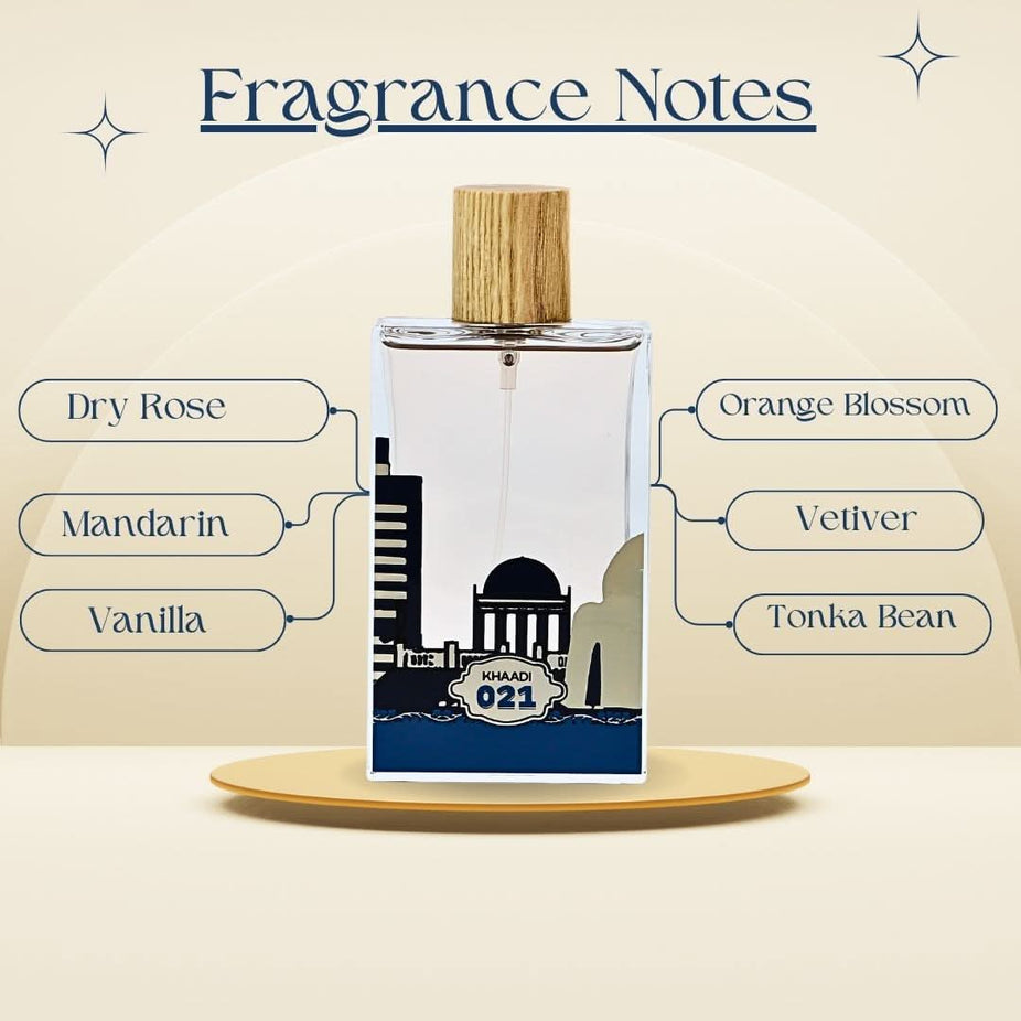 Khaadi 021 Eau de Parfum Spray 100ml, elegant glass bottle with floral and woody scent notes, stylish and modern packaging