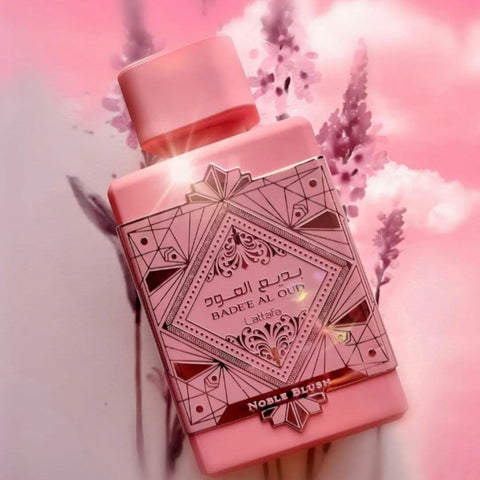 Lattafa Bade'e Al Oud Glory & Noble Blush Eau de Parfum bundle with two 100ml spray bottles, elegant packaging, and fragrance details.
