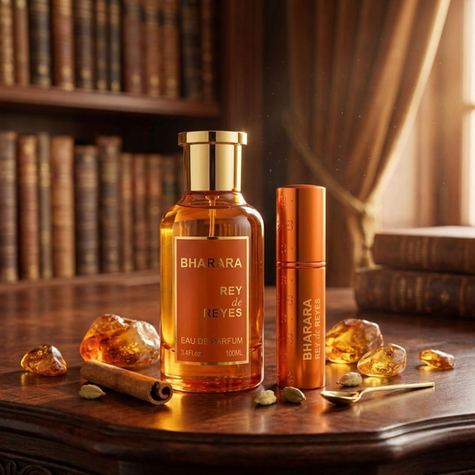 Bharara Rey de Reyes Orange Eau de Parfum spray 100ml bottle, featuring a sleek design and vibrant orange accents.