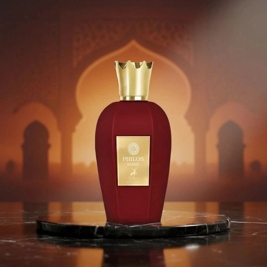 Maison Alhambra Philos Shine Eau de Parfum spray 100ml bottle, elegant design, showcasing the luxurious perfume packaging.