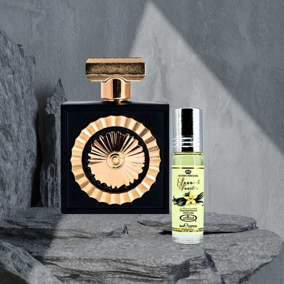 Intense Oud Nebras Eau de Parfum spray and Al Rehab Spanish Vanilla perfume oil bundle, featuring elegant bottles and branding.