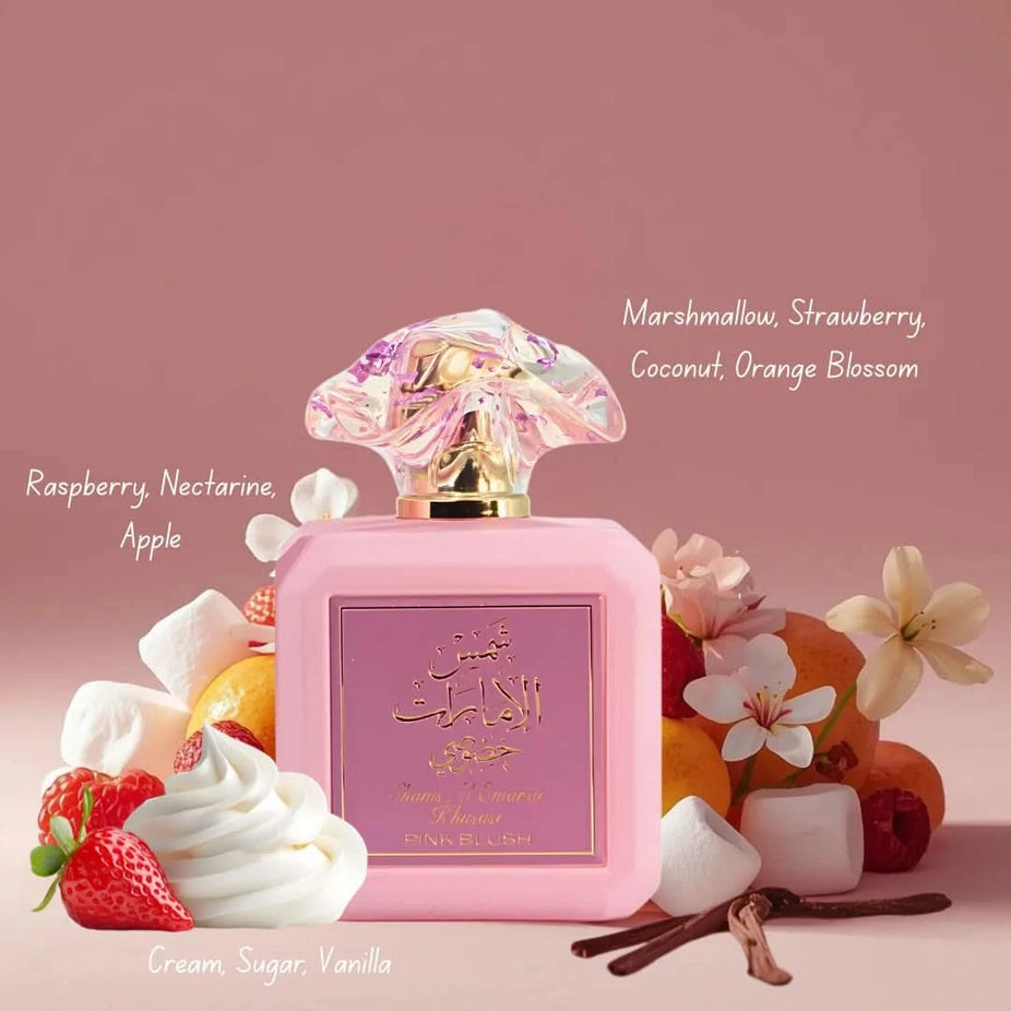 Bundle of Fruity Bliss Eau de Parfum Spray by Elite Risala and Pink Blush Shams Al Emarat by Ard Al Zaafaran, both 100ml bottles.