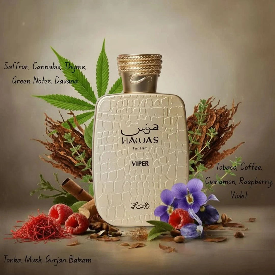 Rasasi Hawas Atlantis & Hawas Viper Eau de Parfum spray bundle, 100ml each, with sleek perfume bottles and labels.