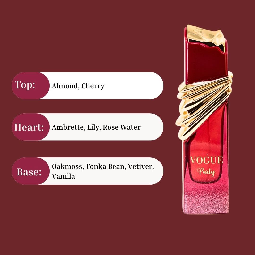 Vogue Party Eau de Parfum spray by Maison Alhambra in 100ml bottle, featuring elegant perfume packaging and design.