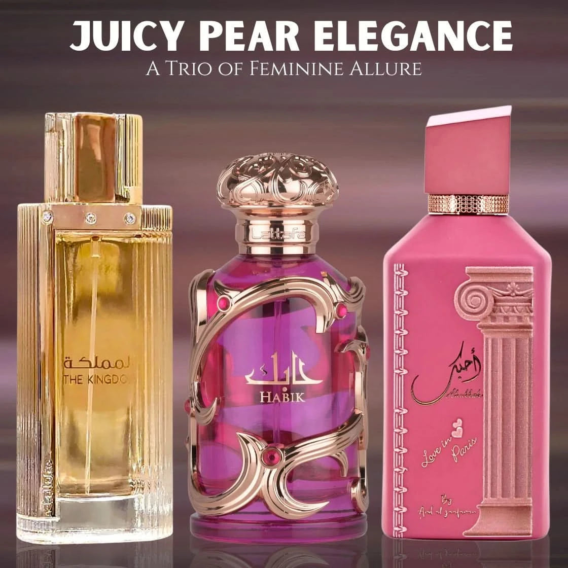 Bundle of Habik Women, Kingdom Women by Lattafa, and Ahubbak Love in Paris Eau de Parfum sprays in 100ml bottles.