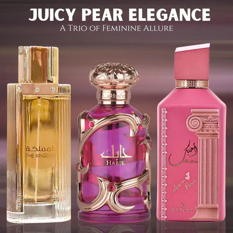 Bundle of Habik Women, Kingdom Women by Lattafa, and Ahubbak Love in Paris Eau de Parfum sprays in 100ml bottles.