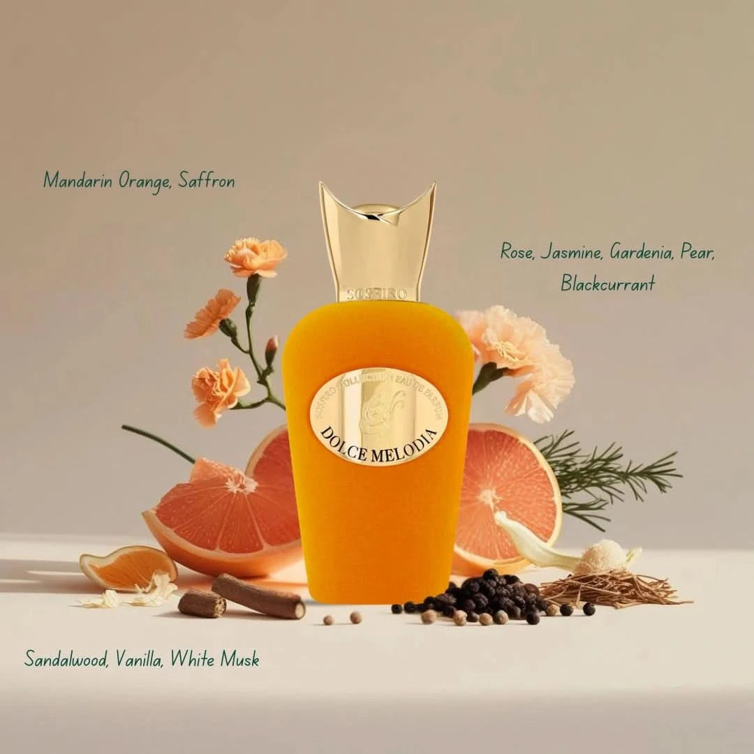 Dolce Melodia Eau De Parfum Spray by Sospiro, 100ml bottle, elegant perfume with floral and woody notes, in a sleek glass bottle.