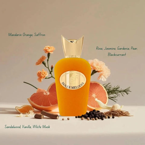 Dolce Melodia Eau De Parfum Spray by Sospiro, 100ml bottle, elegant perfume with floral and woody notes, in a sleek glass bottle.