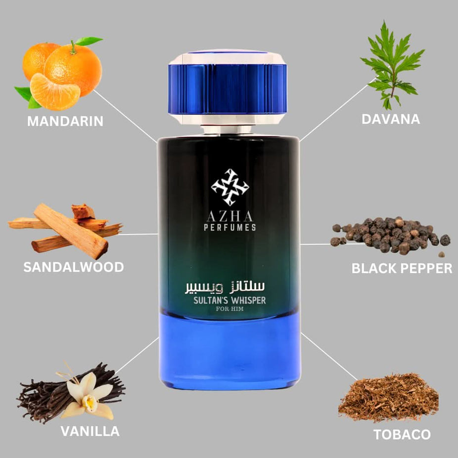 Azha Sultan's Whisper for Him Eau de Parfum spray 100ml, featuring elegant bottle design and luxurious fragrance.