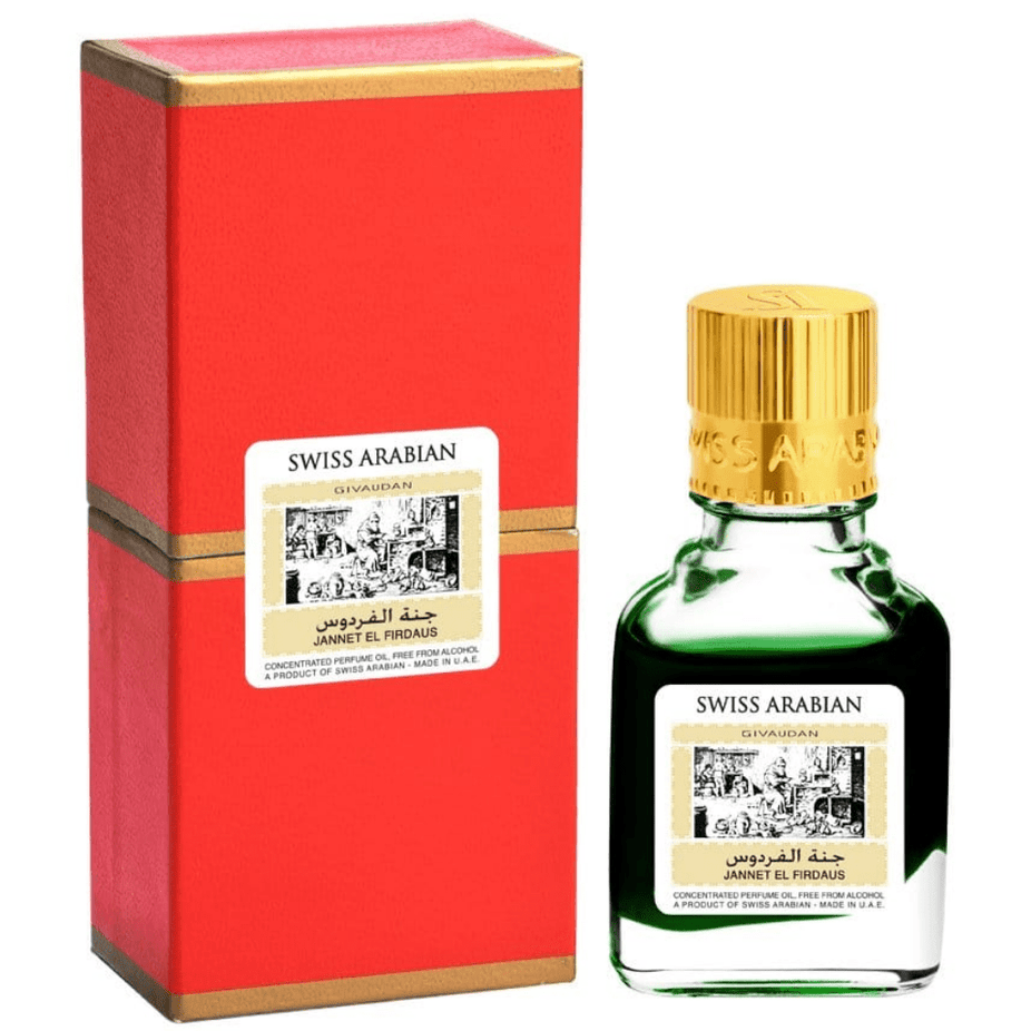 Swiss Arabian Jannet El Firdaus Red Perfume Oil 9ml, concentrated perfume oil with rich floral and spicy notes in a small bottle.