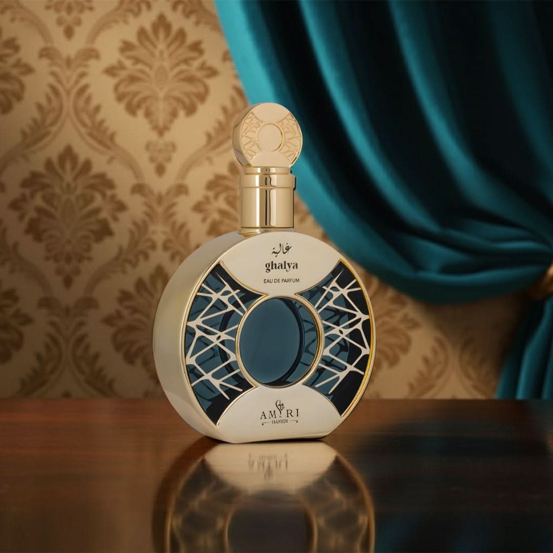 Hamidi Ghalya Amiri Eau de Parfum spray bottle with black cap and elegant packaging, 100ml, showcasing the fragrance design.