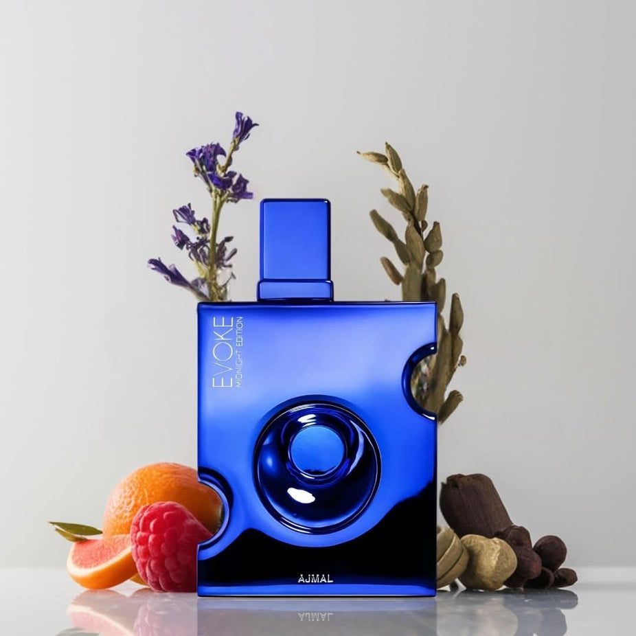 Evoke Midnight Eau de Parfum Spray 90ml by Ajmal featuring a sleek bottle with dark, mysterious packaging and silver accents.