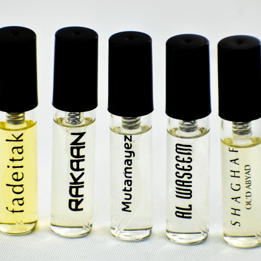 5 SA Sample Packet - Fadeitak, Rakaan, Mutamayez, Al Waseem, Shaghaf Oud Abyad - Intense oud