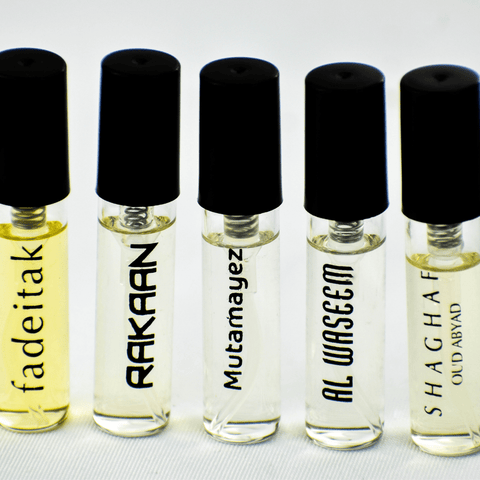 5 SA Sample Packet - Fadeitak, Rakaan, Mutamayez, Al Waseem, Shaghaf Oud Abyad - Intense oud