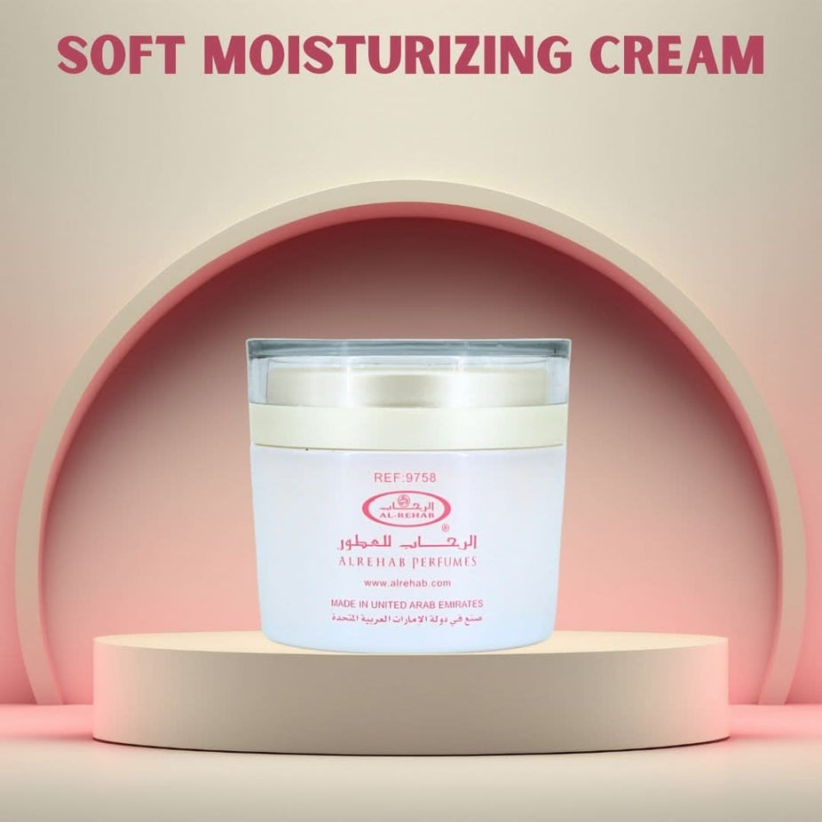 Al Rehab Soft Moisturizing Body Cream 70g jar, creamy texture with a smooth finish, designed to hydrate and nourish skin.
