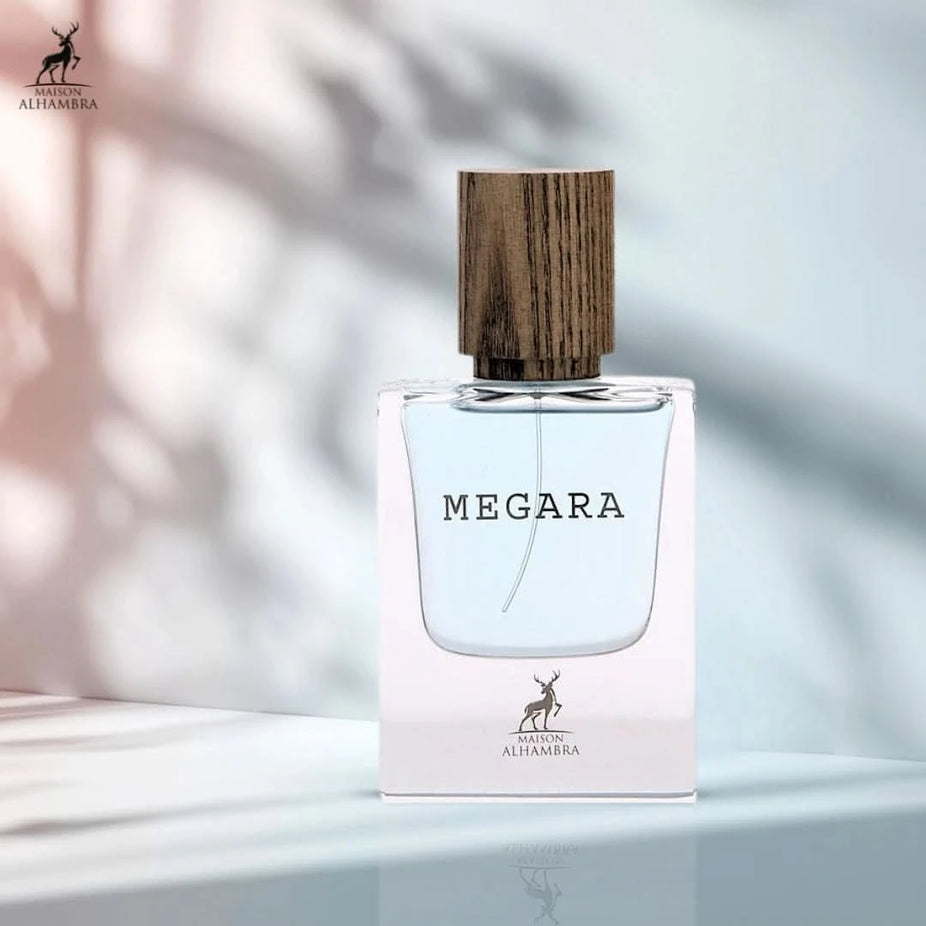 Maison Alhambra Megara Eau de Parfum spray 50ml bottle, elegant packaging for the Maison Alhambra fragrance.