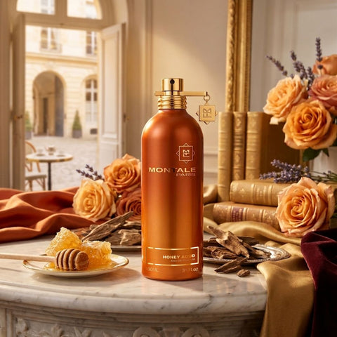 Montale Honey Aoud Eau de Parfum Spray 100ml bottle with gold cap and elegant packaging, showcasing the luxury fragrance.