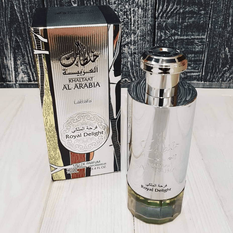Lattafa Khaltaat Al Arabia Royal Delight Eau De Parfum bottle, 100ml, featuring elegant packaging and luxurious fragrance.
