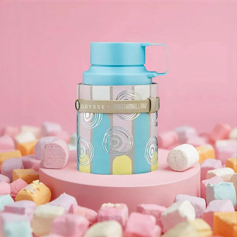 Odyssey Marshmallow Gourmand Edition Eau De Parfum spray by Armaf, 100ml, with velvet pouch, showcasing the elegant perfume bottle.