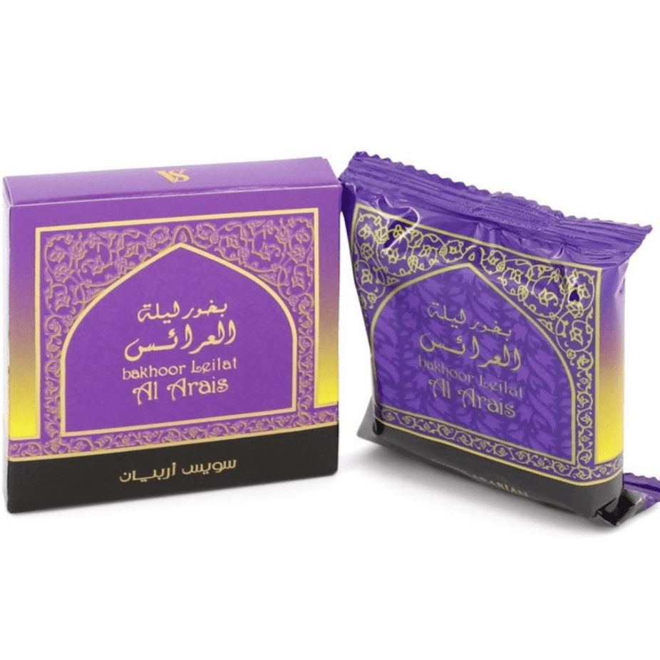 Swiss Arabian Leilat Al Arais Bakhoor 40 GM, aromatic incense block with traditional design and packaging.