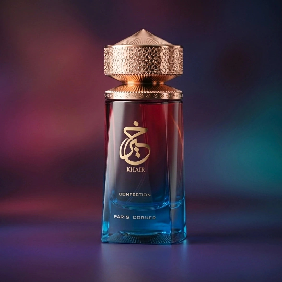 Paris Corner Khair Confection Eau de Parfum spray bottle, 100ml, sleek design with elegant branding and a stylish cap.