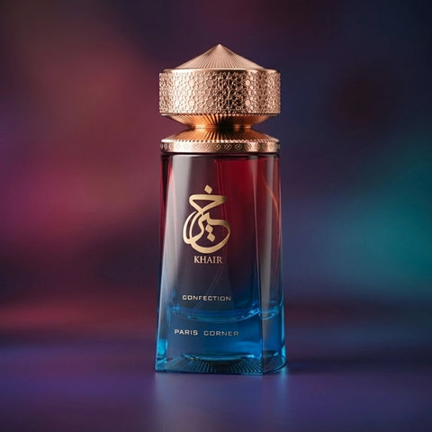 Paris Corner Khair Confection Eau de Parfum spray bottle, 100ml, sleek design with elegant branding and a stylish cap.
