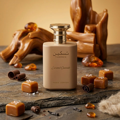 Paris Corner Taskeen Caramel Cascade Eau de Parfum spray 100ml, elegant glass bottle with caramel-colored liquid inside.
