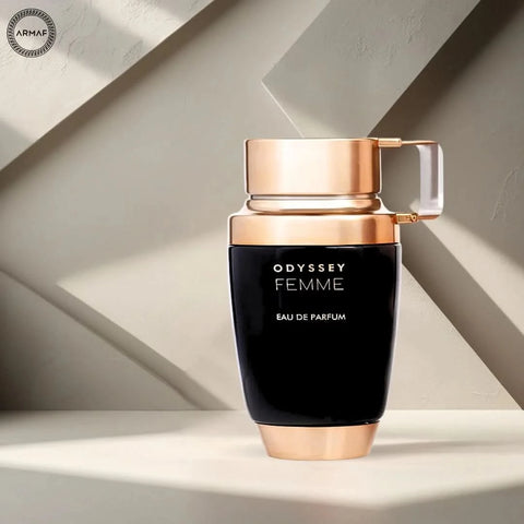 Odyssey Femme Eau de Parfum spray by Armaf, 100ml bottle, elegant glass packaging with floral design, feminine fragrance.